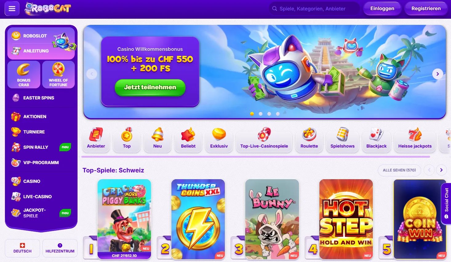 RoboCat Casino – seriöses Online Casino Schweiz mit Slots und Sportwetten